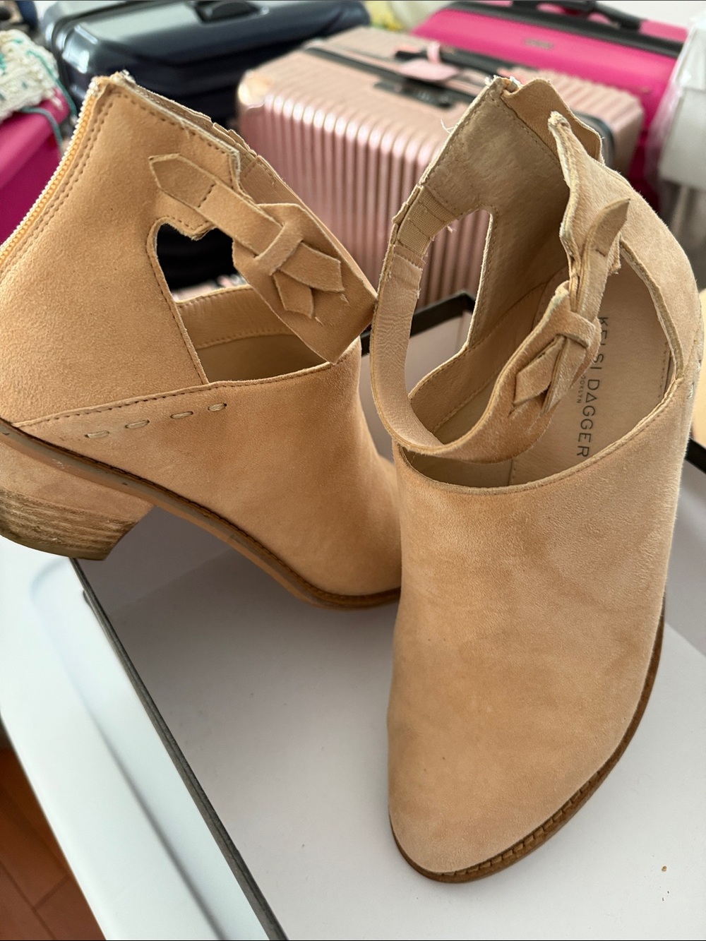 Kelsi Dagger Tan Suede Knot Strap Cutout Mules